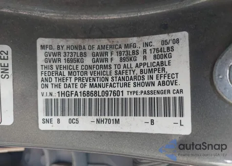 2008 Honda Civic Ex from USA, damaged, VIN 1HGFA16868L097601